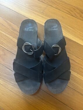 Dansko Black Suede Buckle Slide Mules